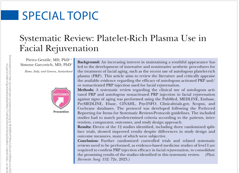 Ringiovanimento del volto con il PRP pubblicato autorevole studio scientifico